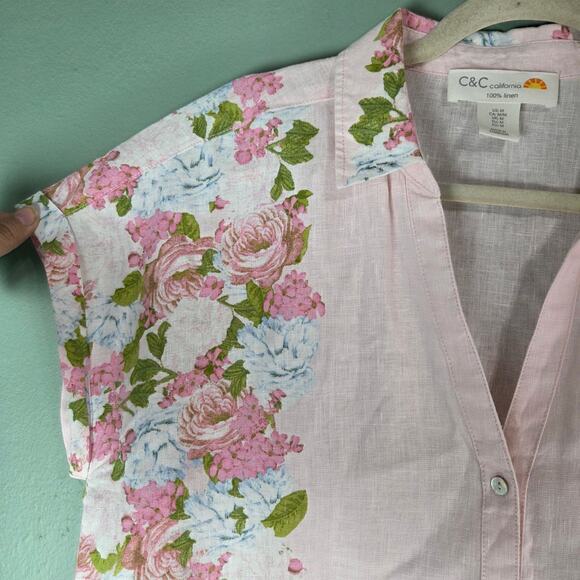 C&C California Womens Pink Floral Linen Button Up V-Neck Top Size Medium - Picture 4 of 5